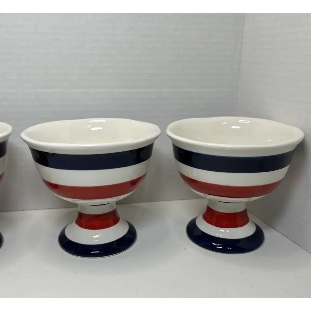 Grace's Teaware ICE CREAM Dessert Bowl Ceramic Blue Red White Striped Qty 4